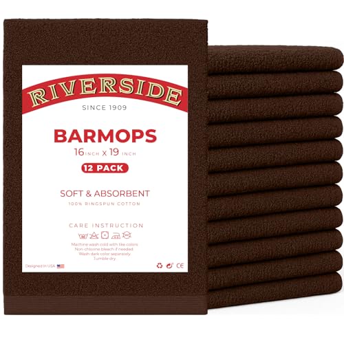 RIVERSIDE Bar Mop Towels Pack of 12, 16x19 Inches, 100% Ring Spun Cotton Terry Cloth Kitchen Towel, Highly Absorbent & Reusable Multipurpose Cleaning Rags for Bathroom, Hotel, Restaurant, Brown - color: Brown, size: Bar Mop (PK 12)