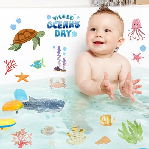 Pratique Non Slip Bathtub Stickers, 6 Pages World Ocean Day | Sea Organism Adhesive, Kids Anti Slip Decal Threads, Shower Floor and Bath Tub Decals, Premium Scraper - color: Ocean Day