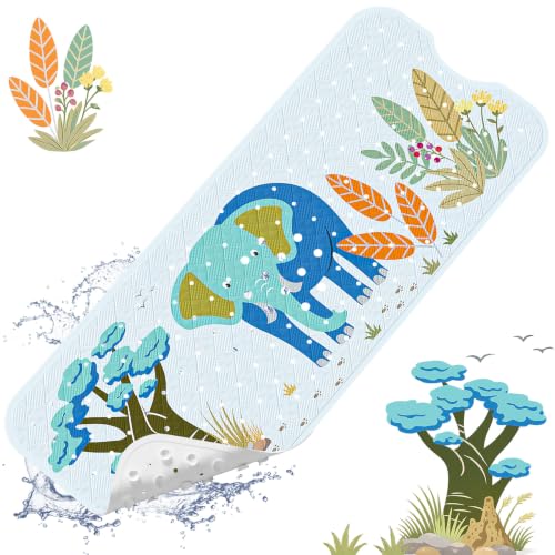 Baby Bath Mat for Tub Non Slip Kids, BPA Free Extra Long Bathtub Mat 40x16 with Drain Holes and 200 Suction Cups, Non Toxic Machine Washable Toddler Bath Mat, Eco-Friendly Certified - color: Light Blue Elephant