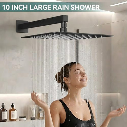 Shower System Shower Faucet Set, STARBATH 10" Wall Mount Rain Shower Head and Handheld Spray for Two Person, Rainfall Shower System with Diverter Valve and Trim Kit Complete,Matte Black - color: Matte Black, size: 10"-1