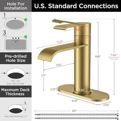 FORIOUS Brushed Gold Bathroom Faucet Single Hole, Gold Waterfall Faucet | 1 Hole Waterfall Bathroom Faucet Gold, Single Handle Gold Vanity Faucet for Bthroom Sink One Hole with Deck Plate and Drain - color: Brushed Gold