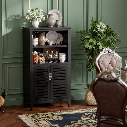 HITNET Black Bathroom Storage Cabinet, Freestanding Bamboo Floor Cabinet 5 Tier Tall Kitchen Cupboard with Door and Removable Shelves - color: Black