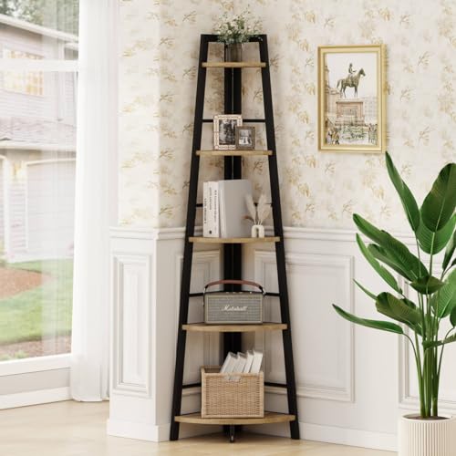 Corner Ladder Shelf, 5 Tier Metal Wood Corner Bookshelf, Tall Shelving Unit Shelf Plant Stand for Living Room, Home Office, Bathroom (Vintage Oak) | Narrow & Tall, for Display, Industrial Plant Shelf Stand, Shelving Unit for Living Room, Home Office, Apar