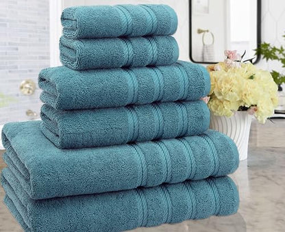 American Soft Linen 100% Carde Cotton 6 Piece Towel Set, 590 GSM Heavy Weight Soft Absorbent Turkish Towels for Bathroom, Teal Green - color: Colonial Blue