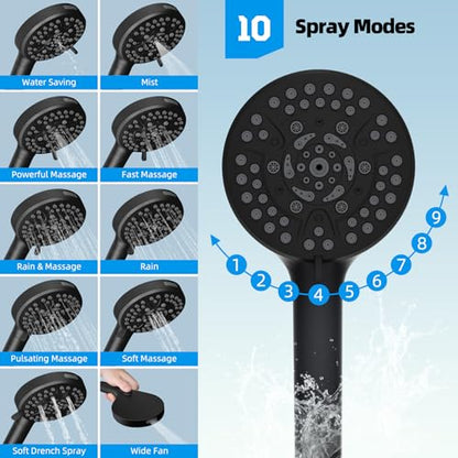 Hibbent 12'' All Metal CUPC Certified Shower Head, High Pressure Rainfall Shower Head, Handheld Showerhead Combo, 12'' Adjustable Extension Arm, 10-Spray, 71'' Hose, Showerhead Holder, Matte Black - color: Matte Black, style: Square 12''