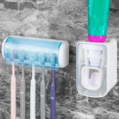 5 Slots Wall Mount Toothbrush Holder with Cover, Self Adhesive Toothbrush Storage Organizer for Shower, Toothbrush Hanger with Automatic Toothpaste Squeezer Dispenser (Blue) - color: Blue, size: Combination A