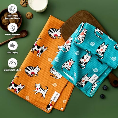 RECYCO Waffle Kitchen Towel Set of 2 - Quick Dry Microfiber Sustainable Dish Towels - Ultra Absorbent Reusable Cleaning Tea Towels - Lightweight Hand Towels,16”x 28”, Cuddly Cats - color: Cuddly Cats