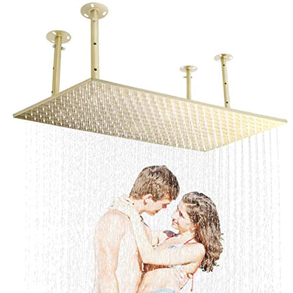 16"X32" Luxury High Pressure Rain Shower Head, Ceiling Mount Rectangle Rainfall Showerhead with Silicone Nozzles Full Body Fixed Showerheads For Modern Bathroom, Brushed Gold Plated Finish - color: Brushed Gold, style: Rainfall(One Function)