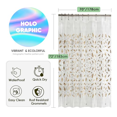 Holographic PEVA Shower Curtain Liner, Glitter Feather Pattern, 70x72 in | Dual-Sided Gold & Multicolor, Waterproof Clear PEVA, 3 Bottom Magnets, 12 Rustproof Grommets, Fits Stalls and Tubs - color: Feather