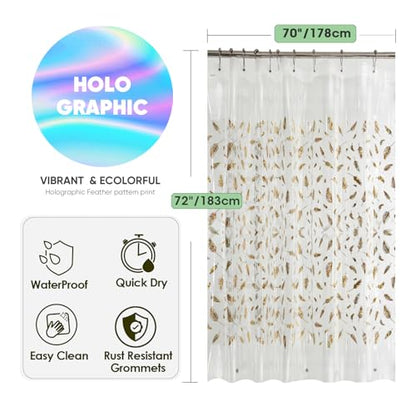 Holographic PEVA Shower Curtain Liner, Glitter Feather Pattern, 70x72 in | Dual-Sided Gold & Multicolor, Waterproof Clear PEVA, 3 Bottom Magnets, 12 Rustproof Grommets, Fits Stalls and Tubs - color: Feather