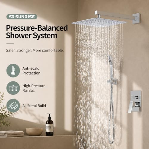SR SUN RISE SRSH-D1203 12 Inches Bathroom Luxury Rain Mixer Shower Combo Set Wall Mounted Rainfall Shower Head System Polished Chrome Shower Faucet Rough-in Valve Body and Trim Included - color: Polished Chrome, size: 12 Inch