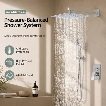 SR SUN RISE SRSH-D1203 12 Inches Bathroom Luxury Rain Mixer Shower Combo Set Wall Mounted Rainfall Shower Head System Polished Chrome Shower Faucet Rough-in Valve Body and Trim Included - color: Polished Chrome, size: 12 Inch