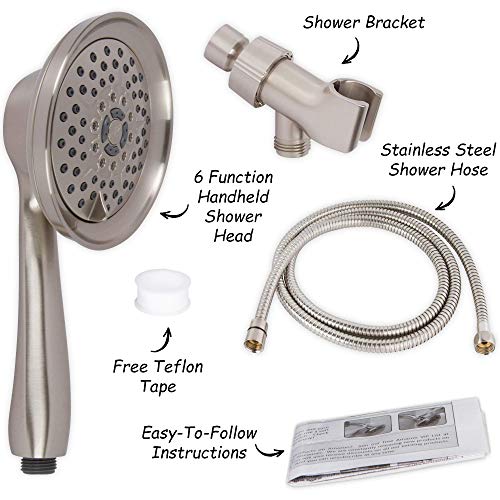 Massage & Mist Hand Shower Kit - 2.5 GPM - Brushed Nickel | 6 Function, High Pressure, Adjustable Handheld Showerhead with Hose and Mount, Easy Install for Boosting Low Water Flow - color: Brushed Nickel, size: 2.5 GPM