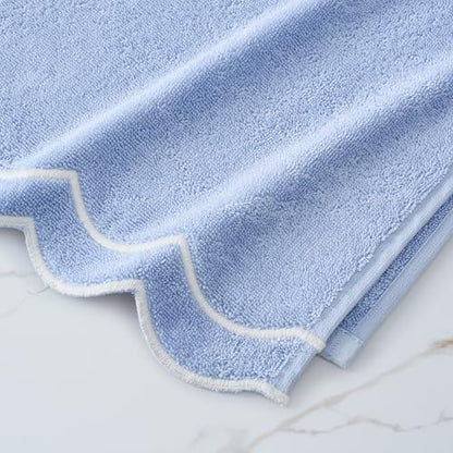 Peri Home 2 Piece Cotton Bath Towel Set, Embroidered, Blue, White Scallop - color: Blue With White Scallop, size: 2 Bath Towel