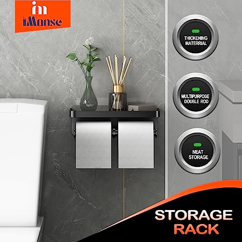 Double Toilet Paper Holder with Shelf, Commercial Toilet Paper Towel Holder Wall Mount, Tissue Roll Holder for Bathroom Kitchen RV, Double Tissue Roll Rack with Adhesive & Screw (Matte Black) - color: Black-twoside