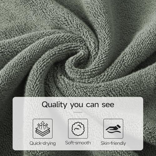REDKISS Bath Towels 4-Pack, 100% Cotton, Thick Plush & Highly Absorbent, 27.5" x 55" for Shower, Spa & Home - color: Gray Green