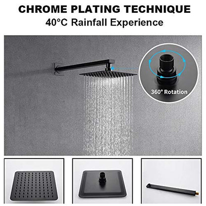 Thermostatic Rain Shower System, Concealed Matte Black Combo Set Wall Mounted Faucet with Rainfall Head, Handheld