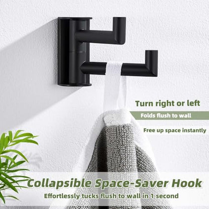 Swivel Towel Hook for Bathrooms with 2 Rotating Arms, Matte Black | Rustproof 304 Stainless Steel, Heavy Duty 11 lbs Double Wall Hook for Towel, Coat, Bag, Kitchen or Entryway, Drilling Mounted