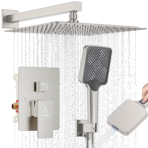 Shower System Modern Rain Brass Faucet Set With Valve and Diverter Shower Mixer With Handheld High Pressure Square Rainfall Shower Valve (12'' Wall Mount, Brushed Nickel) - color: Brushed Nickel, style: 12'' Wall Mount