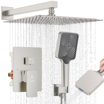 Shower System Modern Rain Brass Faucet Set With Valve and Diverter Shower Mixer With Handheld High Pressure Square Rainfall Shower Valve (12'' Wall Mount, Brushed Nickel) - color: Brushed Nickel, style: 12'' Wall Mount
