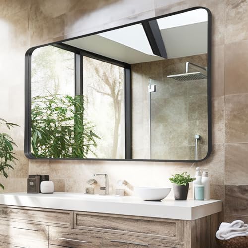 Anpark Wall Mirror 30" x 40" for Bathroom Black Metal Deep Frame Mirror for Wall Decorative Rectangular Round Corner Wall Mounted Vanity Mirror for Bedroom Living Room Entryway Wall Decor - color: Black, size: 40"L x 30"W