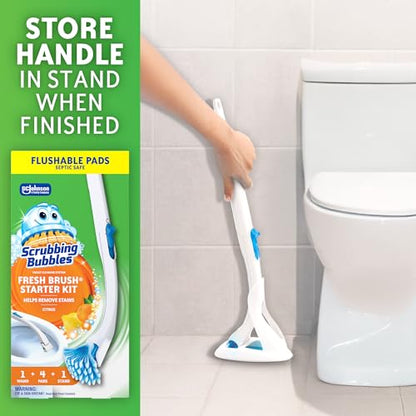 Scrubbing Bubbles Toilet Bowl Cleaning System with Flushable & Disposable Cleaner Refill Pads, Fights Odors and Helps Remove Limescale & Hard Water Stains, Citrus Scent, 1 Wand + 4 Refills + 1 Stand - size: 1 Count (Pack of 1), style: Starter Kit