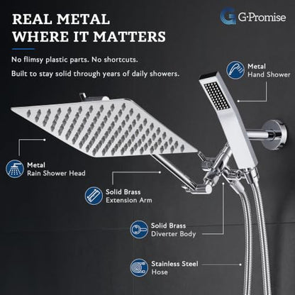 G-Promise All Metal 10" Dual Square Shower Head Combo | Rain Shower Head | Handheld Shower Wand | Adjustable | Smooth 3-Way Diverter | 71" Extra Long Hose - A Bathroom Upgrade (Chrome) | Built to Last, Easy Install, Adjustable Height & Angle for All Heigh