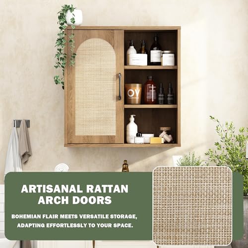 RUSTOWN Boho Rattan Bathroom Wall Cabinet with Sliding Door, Rustic Oak | Farmhouse Bathroom Cabinet, Adjustable Shelves, Over The Toilet Storage Cabinet, 3-Tier Wall Mounted Cabinets - color: Natural Oak