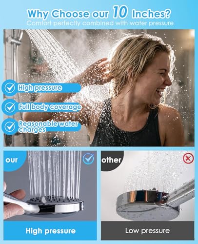 Rain Shower Head with Handheld, 10" Dual Shower Combo, Chrome | 304 stainless steel rainfall head, adjustable extension arm, 5 spray modes, anti-clog nozzles, easy bathroom upgrade