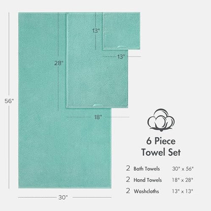 Madison Park 100% Zero Twist Cotton Bathroom Bath Towel Set of 6, Turquoise | 500 GSM Diagonal Ribbed, Soft, Quick Dry, Highly Absorbent, Durable, Modern, OEKO TEX, 2 Bath, 2 Hand, 2 Washcloths - color: Turquoise, size: 6 Piece Towel Set