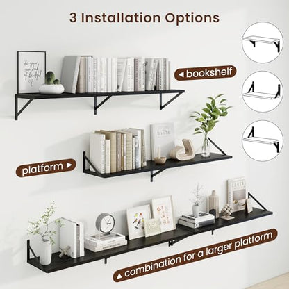 Deep Floating Shelves, 48'' x 10'' Black Wall Shelves Set of 2 | 10 Inch Deep Shelves with Heavy Duty Brackets, Rustic Wood Shelves for Bathroom Living Room, Engineered Wood, 50LBS - color: Black, size: 48W x 10D
