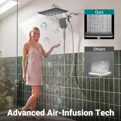 12" XXL Rainfall Shower Head with Handheld Combo, Chrome Polished | High Pressure, Magnetic Docking, Air-Infusion Tech, Anti-Leak One-Piece Design, Dual Square Showerhead - color: Chrome Polished