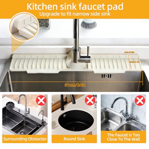 24" Silicone Sink Mat for Kitchen(Released in 2026), 2 PCS Beige | 8° Slope for Quick Self-draining, Sink Splash Guard Behind the Faucet, Narrow Water Splash Guard, for Kitchen&Bathroom Area - color: Beige