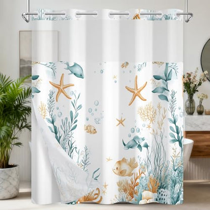 Hook-Free Ocean Shower Curtain with Translucent Top Window, Shower Curtain with Snap in Liner and Weighed Hem, Waterproof Bathroom Shower Curtains, Ocean Themed Bathroom Decor, 71x74 Inch - color: Enchanted Undersea