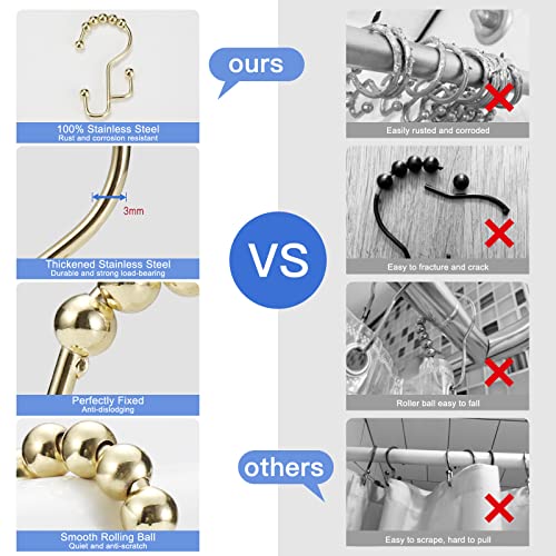 Shower Curtain Rings, SUTINE Shower Curtain Hooks, Stainless Steel Gold Shower Curtain Hooks Rust Proof, Easy Sliding Double Shower Hooks for Shower Curtains, Curtain & Liners, 12pcs-Gold - color: Gold