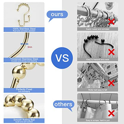 Shower Curtain Rings, SUTINE Shower Curtain Hooks, Stainless Steel Gold Shower Curtain Hooks Rust Proof, Easy Sliding Double Shower Hooks for Shower Curtains, Curtain & Liners, 12pcs-Gold - color: Gold