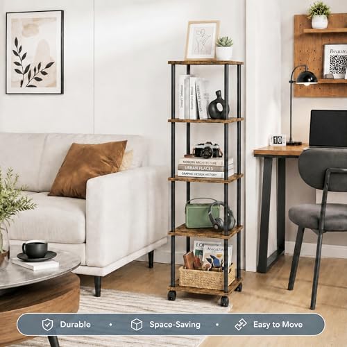 5-Tier 50.4" Tall Rustic Brown Bathroom Shelving Unit with Wheels | Wood Finish, Metal Frame, Rolling Narrow Open Shelf Design, for Laundry Room, Kitchen, Living Spaces, Easy to Move - color: Rustic Brown, size: 5-Tier