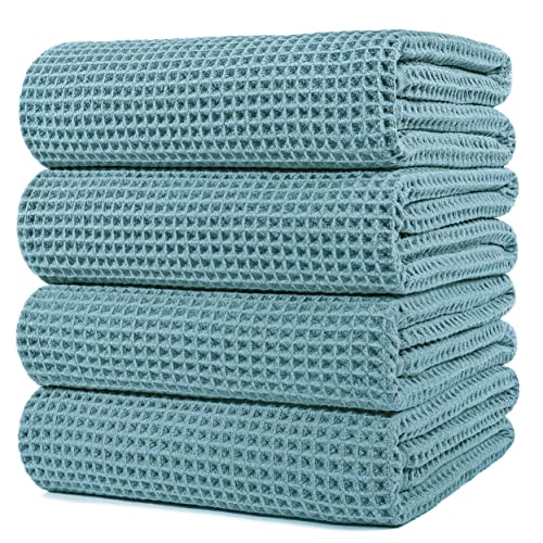 POLYTE 430 GSM Poly Blend Microfiber Quick Dry Waffle Bath Towel, 30x60 in | 4 Pack, Oversize, Lint Free, Body Towel - color: Green