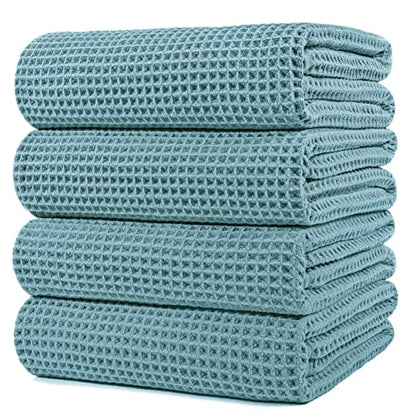 POLYTE 430 GSM Poly Blend Microfiber Quick Dry Waffle Bath Towel, 30x60 in | 4 Pack, Oversize, Lint Free, Body Towel - color: Green