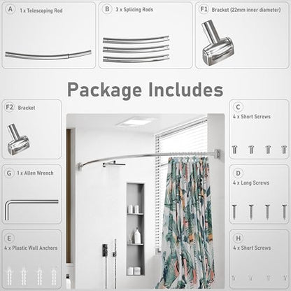 Curved Shower Curtain Rod, Need to Drill, 35-76 inches Adjustable Curved Shower Rod Rustproof Shower Rod Round Shower Curtain Rod for Bathroom, Bathtub, Stall, Stainless Steel, Chrome - color: chrome