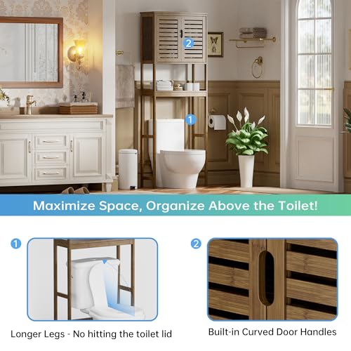 SMIBUY Bathroom Storage Shelf with Cabinet, Bamboo Over-The-Toilet Organizer Rack, Freestanding Toilet Space Saver with 3-Tier Adjustable Shelves (Walnut) - color: Walnut