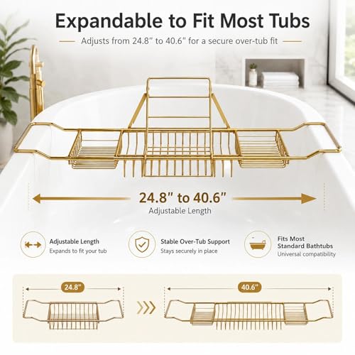 Bathtub Caddy Tray for Tub, Expandable Stainless Steel Bath Tray with Book Holder, Over Tub Organizer Rack for Tablet, Soap, Towel, Spa Bath Accessories(Rose Gold)