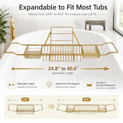 Bathtub Caddy Tray for Tub, Expandable Stainless Steel Bath Tray with Book Holder, Over Tub Organizer Rack for Tablet, Soap, Towel, Spa Bath Accessories(Rose Gold)