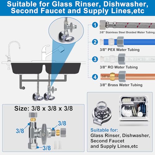 Brass Angle Stop Add-A-Tee Valve,3/8 x 3/8" x 3/8 Compression Water Splitter | T Adapter Connector for Sink Faucets, Glass Rinsers, Dishwashers, Washing Machines and 3/8" Water Supply Line - size: 3/8x3/8x 3/8 Compression Tee Valve