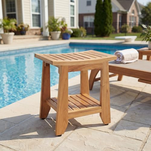 Teak Shower Bench Stool, 14'' Compact Waterproof Wooden Sauna Bath Bench with Storage Shelf, Non-Slip Solid Teak Shower Seat Chair for Small Bathrooms Inside Shower and Outdoor Use - size: 14''W x 10''D x 15''H