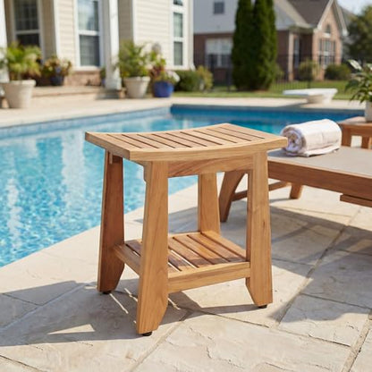 Teak Shower Bench Stool, 14'' Compact Waterproof Wooden Sauna Bath Bench with Storage Shelf, Non-Slip Solid Teak Shower Seat Chair for Small Bathrooms Inside Shower and Outdoor Use - size: 14''W x 10''D x 15''H
