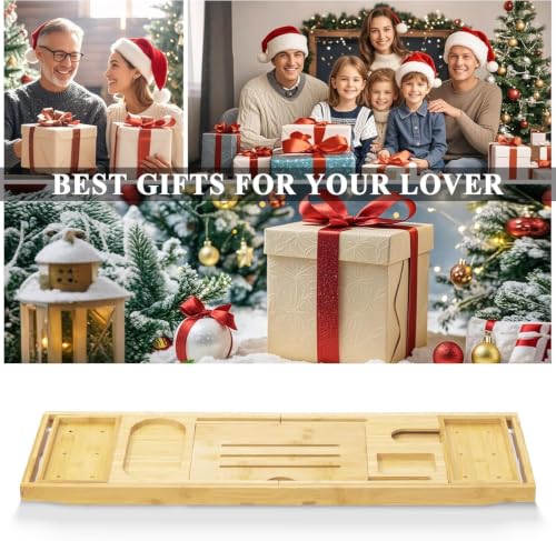 Bathtub Tray, Bamboo Bath Tray for Tub, Expandable Bath Tray with Bamboo Book Stand, Soap Tray, Bathtub & Bathroom Accessories Perfect for Home Spa, Natural Colour