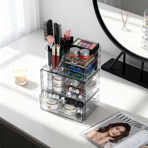 ShineMe Clear Makeup Organizer with 9 Drawers, 3 Tier Stackable Makeup Storage Organizer with Rotating Brush Holder, Acrylic Countertop Makeup Organizer for Vanity Skincare Jewelry Hair Accessories - size: 3 tires, 9 drawers