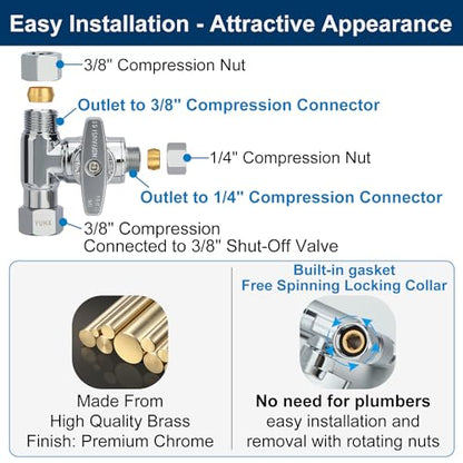 1/4 3/8 water line splitter, Feed Water Adapter for Refrigerators,Ice Maker | 3/8 Compression Tee Brass Angle Stop Add-A-Tee Valve, Under Sink Refrigerator Water Line Connector, 3/8" x 3/8" x 1/4" - size: 3/8x3/8x 1/4 Refrigerator RO System T