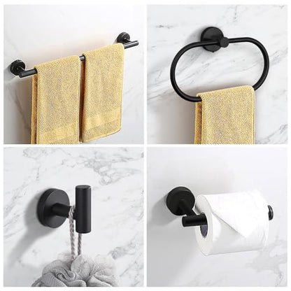 7 PCS Bathroom Hardware Set, Matte Black Stainless Steel Bathroom Tower Rack Set Wall Mounted Includes 16" Towel Bar, Toilet Towel Paper Holder, Towel Ring, 4 Robe Towel Hooks - color: 7pcs-matte Black